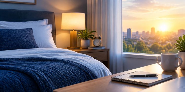 Cozy bedroom with soft lighting promoting restful sleep for increased daily productivity
